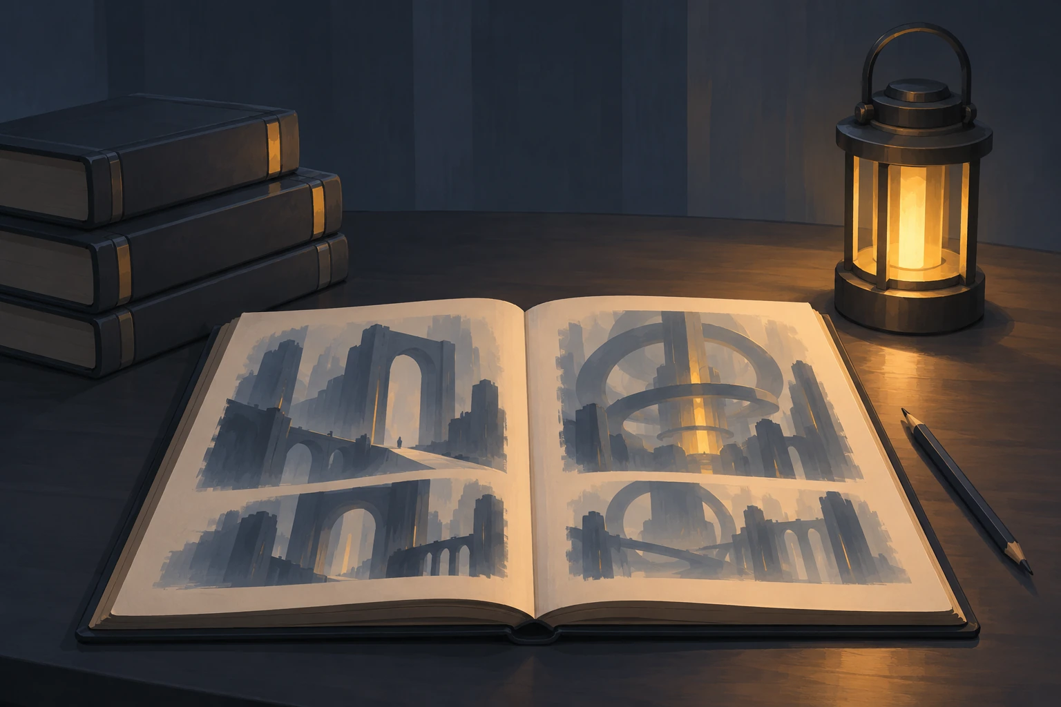 Warmly lit concept artwork of a desk with books, sketches, and a lantern