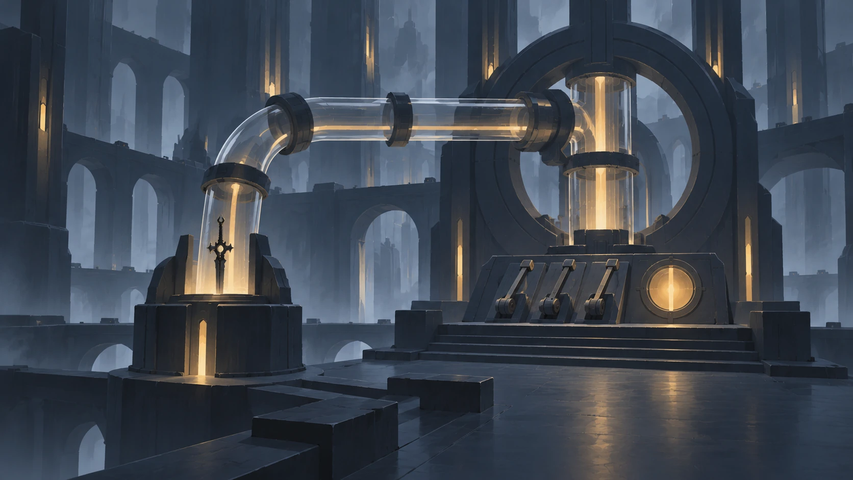 Illustration: Glass conduits, levers, and a vast blade intake