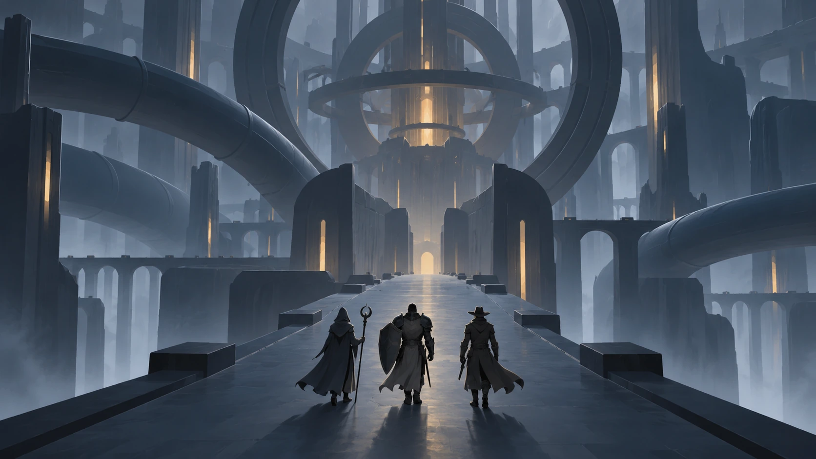 Illustration: A party at the entrance to an engineered dungeon