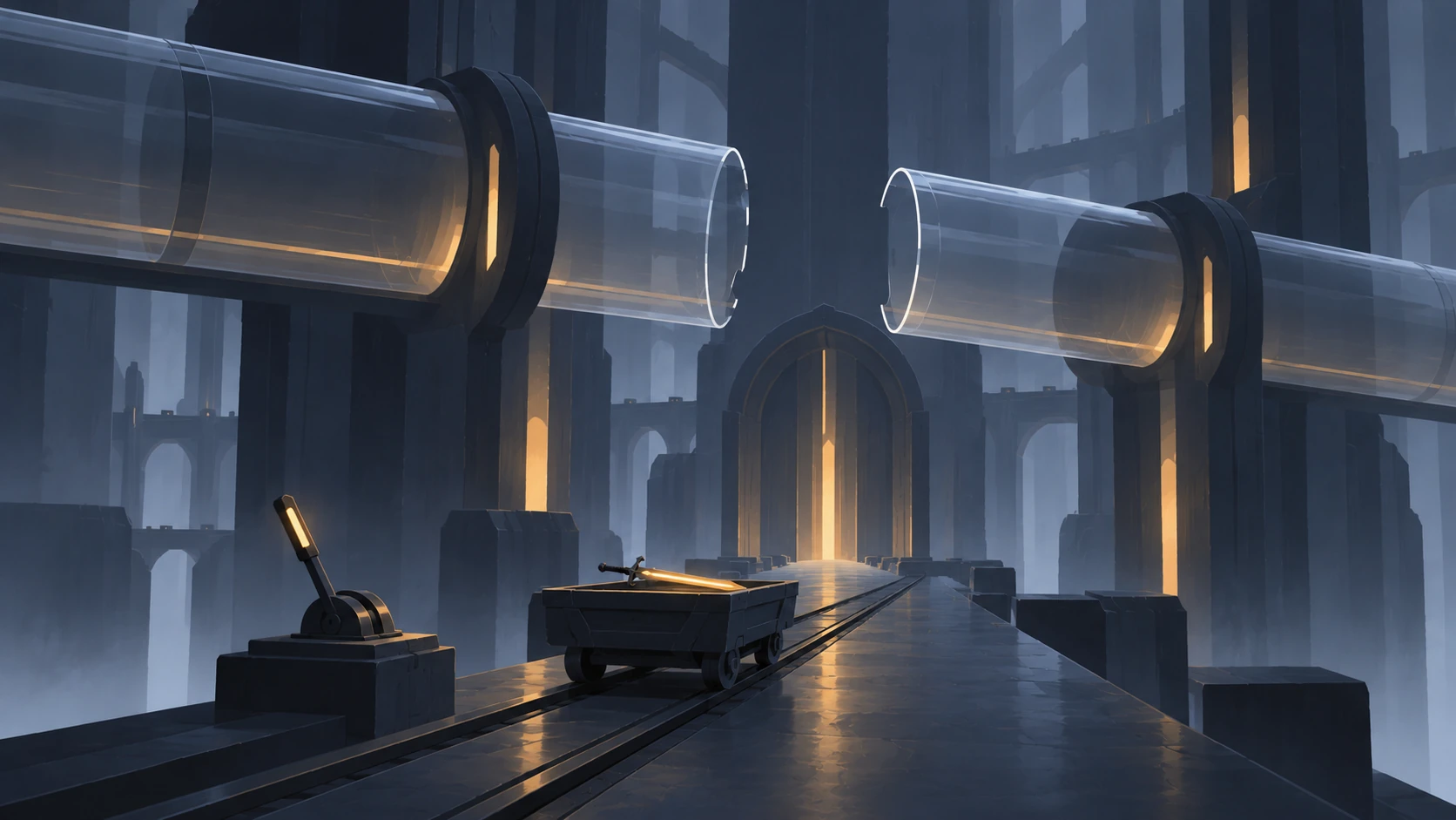 Illustration: A broken conduit and a sword cart above an immense chamber