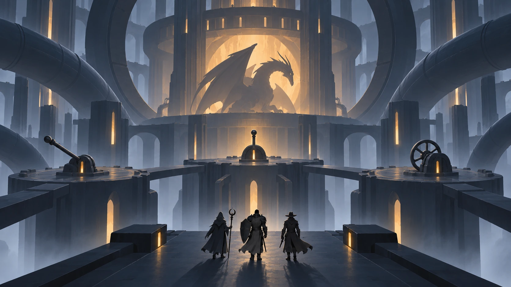 Illustration: An immense furnace creature above three platforms